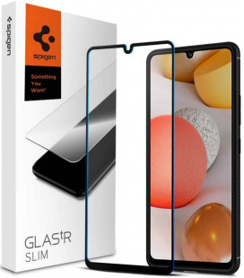 Juodas apsauginis grūdintas stiklas Samsung Galaxy A42 5G telefonui "Spigen Glas.TR Slim"