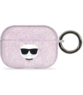 Rožinis dėklas Apple Airpods Pro ausinėms "KLAPUCHGP Karl Lagerfeld TPU Glitter Choupette Head Case"