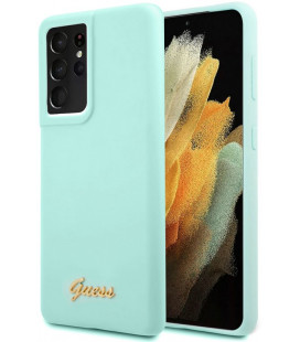 Šviesiai mėlynas dėklas Samsung Galaxy S21 Ultra telefonui "GUHCS21LLSLMGLB Guess Silicone Metal Logo Script Cover"