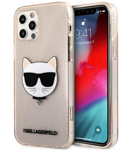 Auksinės spalvos dėklas Apple iPhone 12/12 Pro telefonui "KLHCP12MCHTUGLGO Karl Lagerfeld Choupette Head Glitter Case"