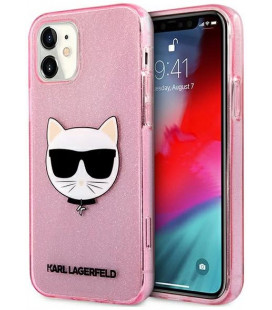 Rožinis dėklas Apple iPhone 12 Mini telefonui "KLHCP12SCHTUGLP Karl Lagerfeld Choupette Head Glitter Case"