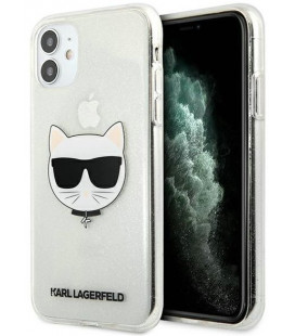 Sidabrinės spalvos dėklas Apple iPhone 11 telefonui "KLHCN61CHTUGLS Karl Lagerfeld Choupette Head Glitter Case"