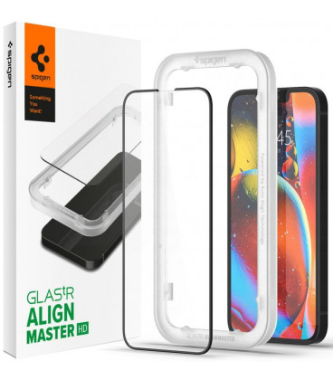 Juodas apsauginis grūdintas stiklas Apple iPhone 13 / 13 Pro / 14 / 16E / 17E telefonui "Spigen AlignMaster Glas tR"