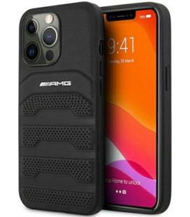 Juodas dėklas Apple iPhone 13 Pro Max telefonui "AMHCP13XGSEBK AMG Genuine Leather Perforated Hard Case"