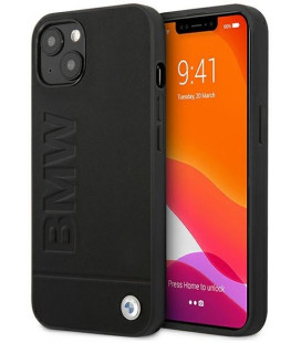 Juodas dėklas Apple iPhone 13 telefonui "BMHCP13MSLLBK BMW Leather Hot Stamp Case"