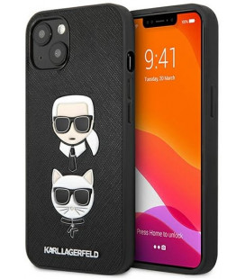 Juodas dėklas Apple iPhone 13 telefonui "KLHCP13MSAKICKCBK Karl Lagerfeld PU Saffiano Karl and Choupette Heads Case"