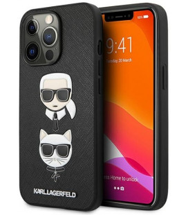 Juodas dėklas Apple iPhone 13 Pro Max telefonui "KLHCP13XSAKICKCBK Karl Lagerfeld PU Saffiano Karl and Choupette Heads Case"