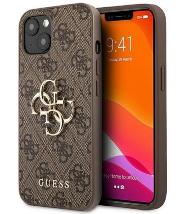 Rudas dėklas Apple iPhone 13 telefonui "GUHCP13M4GMGBR Guess PU 4G Metal Logo Case"