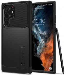 Juodas dėklas Samsung Galaxy S22 Ultra telefonui "Spigen Slim Armor"