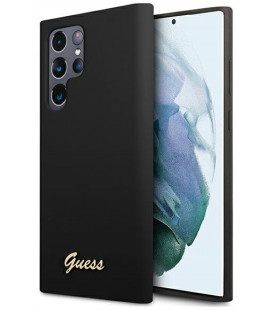 Juodas dėklas Samsung Galaxy S22 Ultra telefonui "Guess Silicone Metal Logo Case"