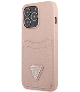 Rožinis dėklas Apple iPhone 13 Pro Max telefonui "Guess Saffiano Double Card Case"