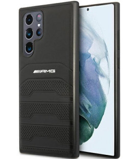 Juodas dėklas Samsung Galaxy S22 Ultra telefonui "AMG Genuine Leather Perforated Case"