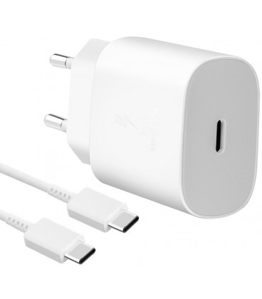 Originalus baltas Samsung pakrovejas 25W 1xType-C + Type-C - Type-C laidas "EP-TA800EWE + EP-DA905BWE"