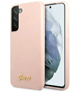 Rožinis dėklas Samsung Galaxy S22 Plus telefonui "Guess Silicone Metal Logo Case"
