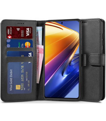 Juodas atverčiamas dėklas Xiaomi Poco F4 5G telefonui "Tech-Protect Wallet"