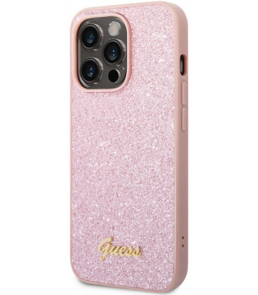 Rožinis dėklas Apple iPhone 14 Pro Max telefonui "Guess PC/TPU Glitter Flakes Metal Logo Case"