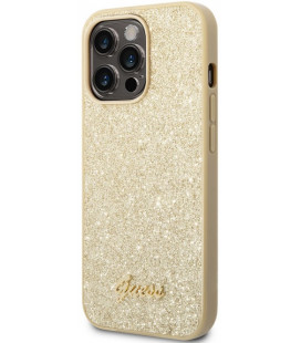 Auksinės spalvos dėklas Apple iPhone 14 Pro Max telefonui "Guess PC/TPU Glitter Flakes Metal Logo Case"
