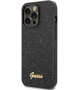 Juodas dėklas Apple iPhone 14 Pro Max telefonui "Guess PC/TPU Glitter Flakes Metal Logo Case"