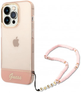 Rožinis dėklas Apple iPhone 14 Pro telefonui "Guess PC/TPU Camera Outline Translucent Case with Strap"
