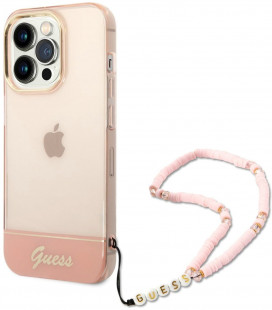 Rožinis dėklas Apple iPhone 14 Pro Max telefonui "Guess PC/TPU Camera Outline Translucent Case with Strap"