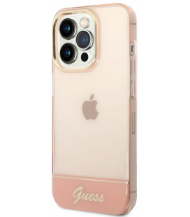 Rožinis dėklas Apple iPhone 14 Pro telefonui "Guess PC/TPU Camera Outline Translucent Case"