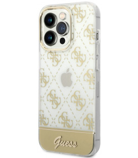 Auksinės spalvos dėklas Apple iPhone 14 Pro telefonui "Guess PC/TPU Peony Glitter Script Logo Case"