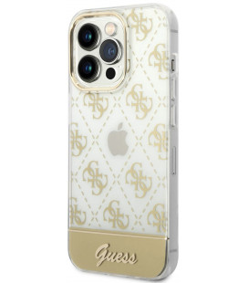 Auksinės spalvos dėklas Apple iPhone 14 Pro Max telefonui "Guess PC/TPU Peony Glitter Script Logo Case"