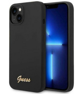 Juodas dėklas Apple iPhone 14 Plus telefonui "Guess Liquid Silicone Metal Logo Case"