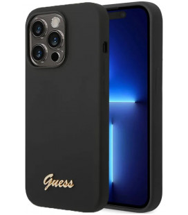 Juodas dėklas Apple iPhone 14 Pro Max telefonui "Guess Liquid Silicone Metal Logo Case"