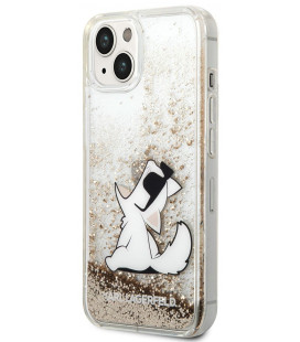 Skaidrus / Auksinės spalvos dėklas Apple iPhone 14 telefonui "Karl Lagerfeld Liquid Glitter Choupette Eat Case"