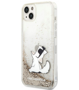 Skaidrus / Auksinės spalvos dėklas Apple iPhone 14 Plus telefonui "Karl Lagerfeld Liquid Glitter Choupette Eat Case"