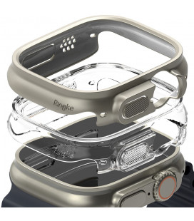 Pilkas (Titanium) ir skaidrus dėklai Apple Watch Ultra 1 / 2 / 3 / 4 (49mm) laikrodžiui "Ringke Slim 2-Pack"