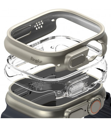 Pilkas (Titanium) ir skaidrus dėklai Apple Watch Ultra 1 / 2 / 3 (49mm) laikrodžiui "Ringke Slim 2-Pack"
