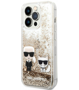 Auksinės spalvos dėklas Apple iPhone 14 Pro telefonui "Karl Lagerfeld Liquid Glitter Karl and Choupette Case"