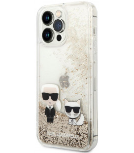Auksinės spalvos dėklas Apple iPhone 14 Pro Max telefonui "Karl Lagerfeld Liquid Glitter Karl and Choupette Case"