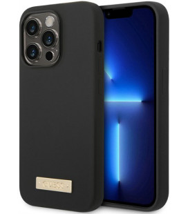 Juodas dėklas Apple iPhone 14 Pro telefonui "Guess Silicone Metal Logo MagSafe Compatible Case"