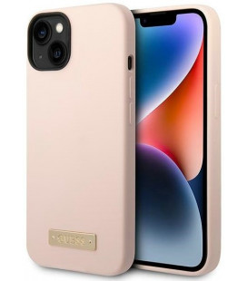 Rožinis dėklas Apple iPhone 14 telefonui "Guess Silicone Metal Logo MagSafe Compatible Case"