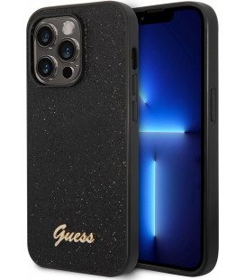 Juodas dėklas su blizgučiais Apple iPhone 14 Pro telefonui "Guess PC/TPU Glitter Flakes Metal Logo Case"