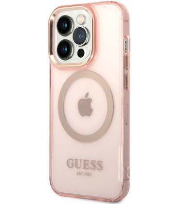 Rožinis dėklas Apple iPhone 14 Pro Max telefonui "Guess Translucent MagSafe Compatible Case"