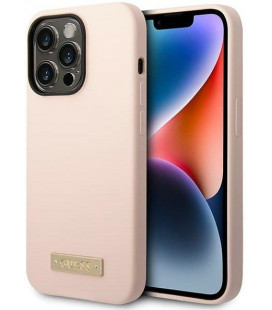 Rožinis dėklas Apple iPhone 14 Pro telefonui "Guess Silicone Metal Logo MagSafe Compatible Case"