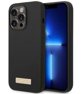Juodas dėklas Apple iPhone 14 Pro Max telefonui "Guess Silicone Metal Logo MagSafe Compatible Case"