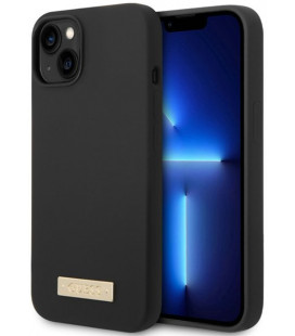 Juodas dėklas Apple iPhone 14 Plus telefonui "Guess Silicone Metal Logo MagSafe Compatible Case"