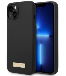 Juodas dėklas Apple iPhone 14 telefonui "Guess Silicone Metal Logo MagSafe Compatible Case"