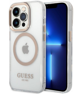 Skaidrus / auksinės spalvos dėklas Apple iPhone 14 Pro telefonui "Guess Translucent MagSafe Compatible Case"