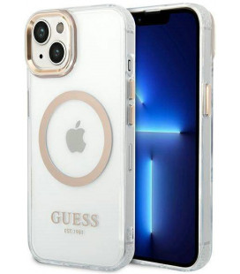 Skaidrus / auksinės spalvos dėklas Apple iPhone 14 telefonui "Guess Translucent MagSafe Compatible Case"