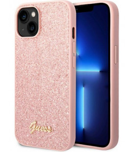 Rožinis dėklas su blizgučiais Apple iPhone 14 telefonui "Guess PC/TPU Glitter Flakes Metal Logo Case"