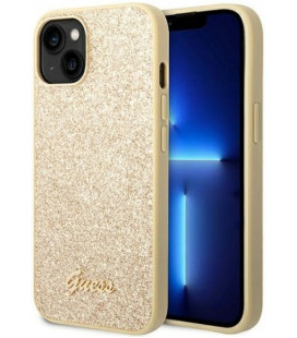 Auksinės spalvos dėklas su blizgučiais Apple iPhone 14 telefonui "Guess PC/TPU Glitter Flakes Metal Logo Case"