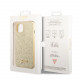Auksinės spalvos dėklas su blizgučiais Apple iPhone 14 telefonui "Guess PC/TPU Glitter Flakes Metal Logo Case"