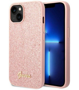 Rožinis dėklas su blizgučiais Apple iPhone 14 Plus telefonui "Guess PC/TPU Glitter Flakes Metal Logo Case"