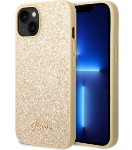 Auksinės spalvos dėklas su blizgučiais Apple iPhone 14 Plus telefonui "Guess PC/TPU Glitter Flakes Metal Logo Case"